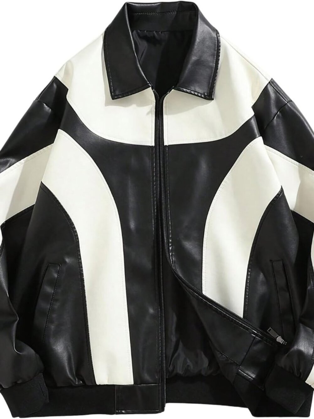 Men's Y2k PU Leather Jacket Color Block Motorcycle Coat Zip Up Long Sleeve Outer